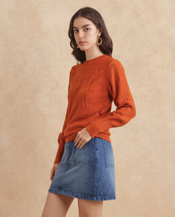 Rareism Women Bloomy Rust Acrylic Fabric Floral Jacquard Sweater