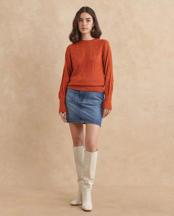 Rareism Women Bloomy Rust Acrylic Fabric Floral Jacquard Sweater