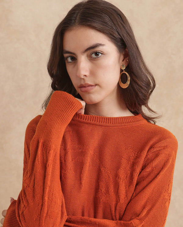 Rareism Women Bloomy Rust Acrylic Fabric Floral Jacquard Sweater