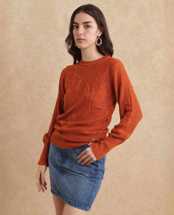 Rareism Women Bloomy Rust Acrylic Fabric Floral Jacquard Sweater