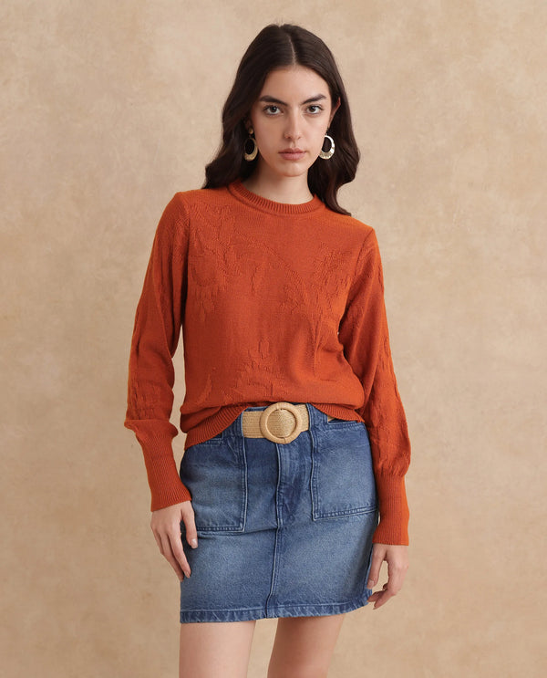 Rareism Women Bloomy Rust Acrylic Fabric Floral Jacquard Sweater