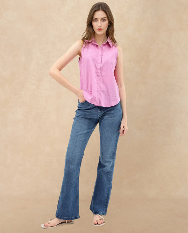 Rareism Women Blumoon-SC Pink Cotton Fabric Sleeveless Collared Neck Button Closure Solid Regular Fit Top