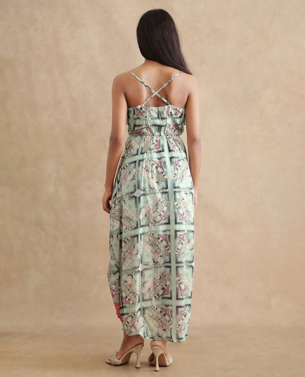 Rareism Women's Bluries Pastel Green Cotton Fabric Overlap Neck Tie-Up Closure Sleeveless Abstract Fit And Flare Maxi Dress