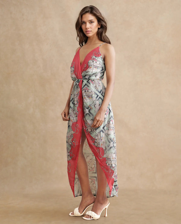 Rareism Women's Bluries Pastel Green Cotton Fabric Overlap Neck Tie-Up Closure Sleeveless Abstract Fit And Flare Maxi Dress
