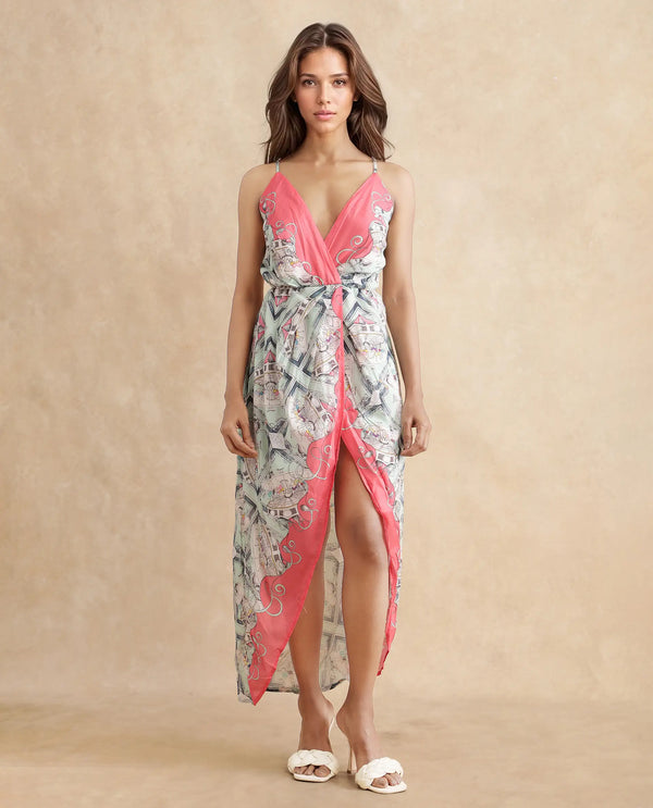Rareism Women's Bluries Pastel Green Cotton Fabric Overlap Neck Tie-Up Closure Sleeveless Abstract Fit And Flare Maxi Dress