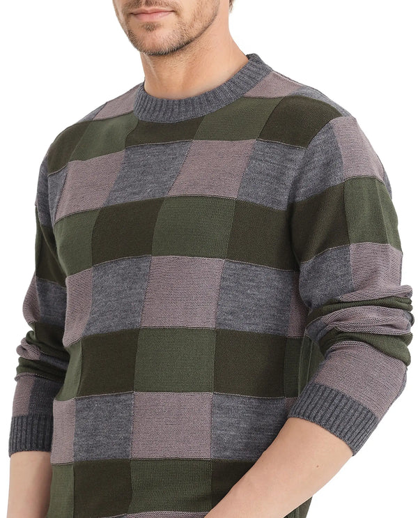 Rare Rabbit Men's Boaz Olive Acrylic Fabric Full Sleeve Crew Neck Regular Fit Jacquard Sweater