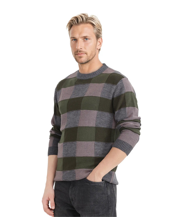 Rare Rabbit Men's Boaz Olive Acrylic Fabric Full Sleeve Crew Neck Regular Fit Jacquard Sweater
