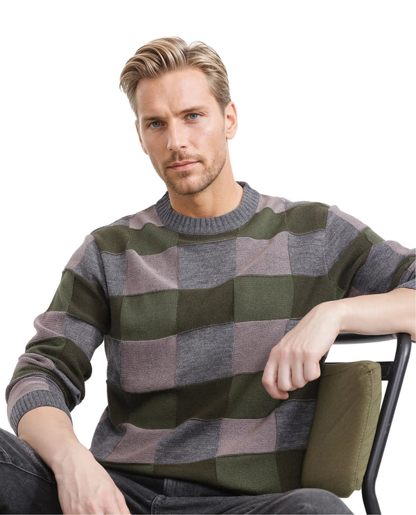 Rare Rabbit Men's Boaz Olive Acrylic Fabric Full Sleeve Crew Neck Regular Fit Jacquard Sweater