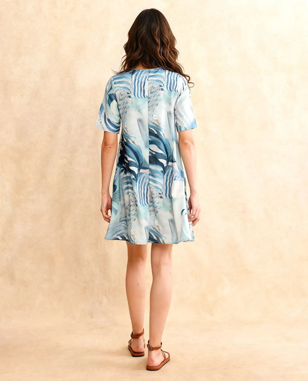 Rareism Women's Boberni Multi Polyester Blend Fabric Crew Neck Button Closure Half Sleeve Abstract A-Line Mini Dress