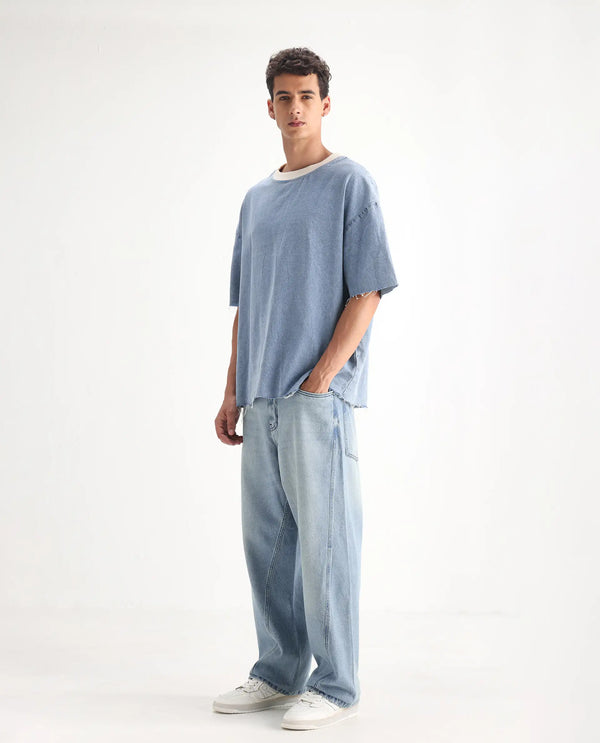 Rare Rabbit Men Bo Blue Cotton Fabric Light Wash Mid Rise Baggy Fit Jeans