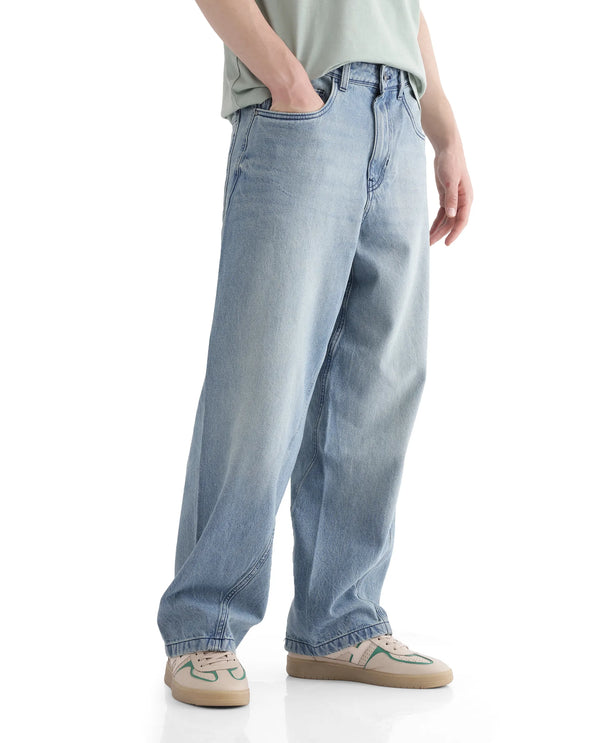 Rare Rabbit Men Bo Blue Cotton Fabric Light Wash Mid Rise Baggy Fit Jeans