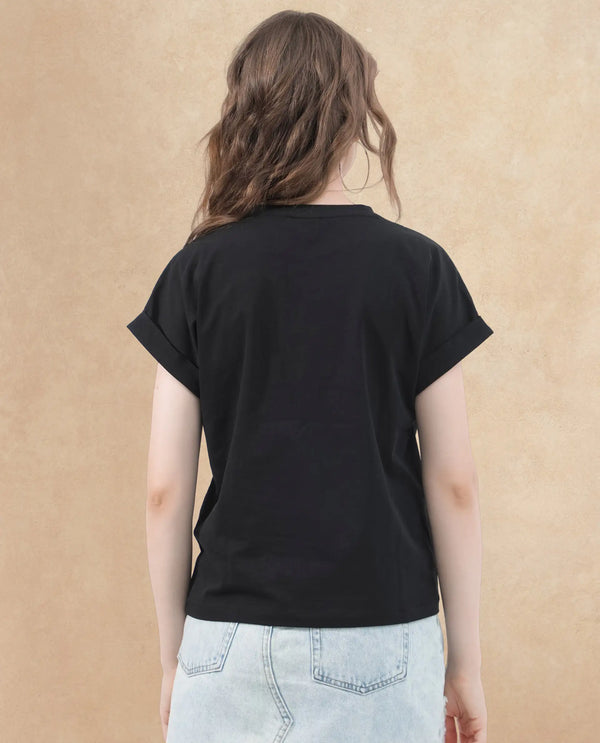 Rareism Women Bocato Black Cotton Elastane Fabric Crew Neck Knit Solid T-Shirt