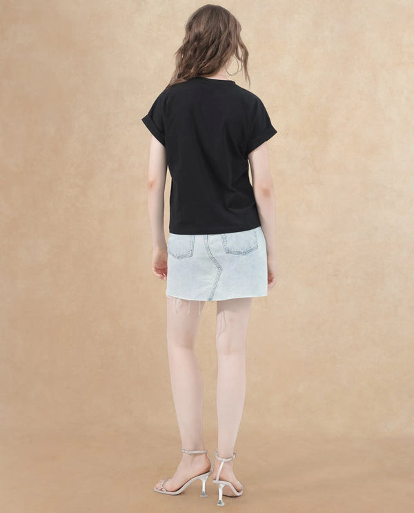 Rareism Women Bocato Black Cotton Elastane Fabric Crew Neck Knit Solid T-Shirt