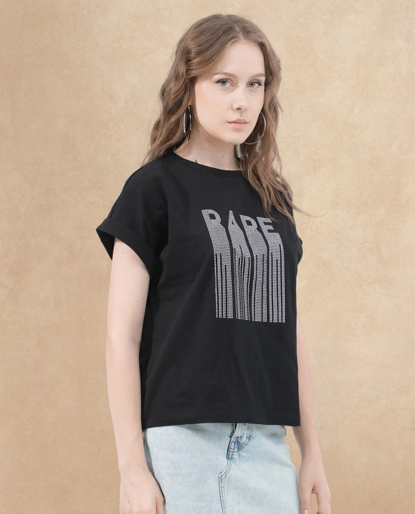 Rareism Women Bocato Black Cotton Elastane Fabric Crew Neck Knit Solid T-Shirt