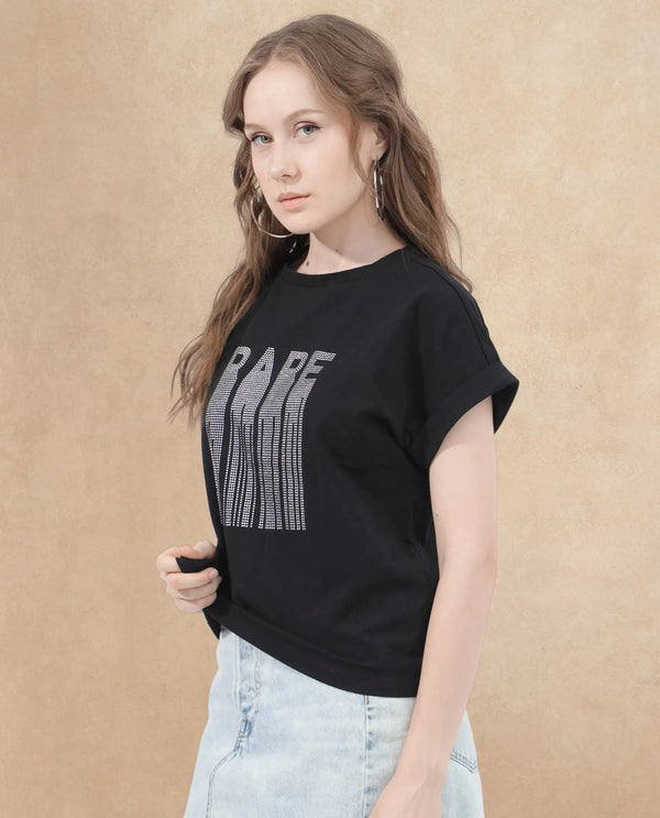 Rareism Women Bocato Black Cotton Elastane Fabric Crew Neck Knit Solid T-Shirt