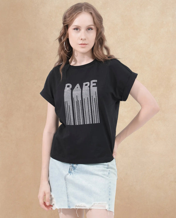 Rareism Women Bocato Black Cotton Elastane Fabric Crew Neck Knit Solid T-Shirt