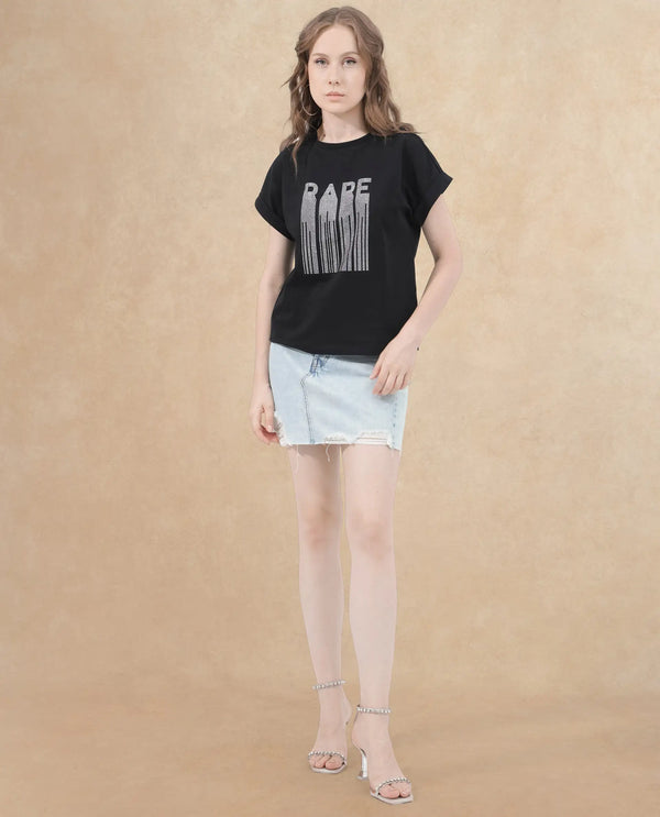 Rareism Women Bocato Black Cotton Elastane Fabric Crew Neck Knit Solid T-Shirt