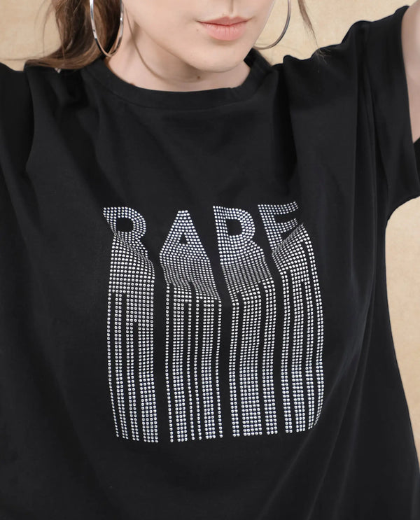 Rareism Women Bocato Black Cotton Elastane Fabric Crew Neck Knit Solid T-Shirt