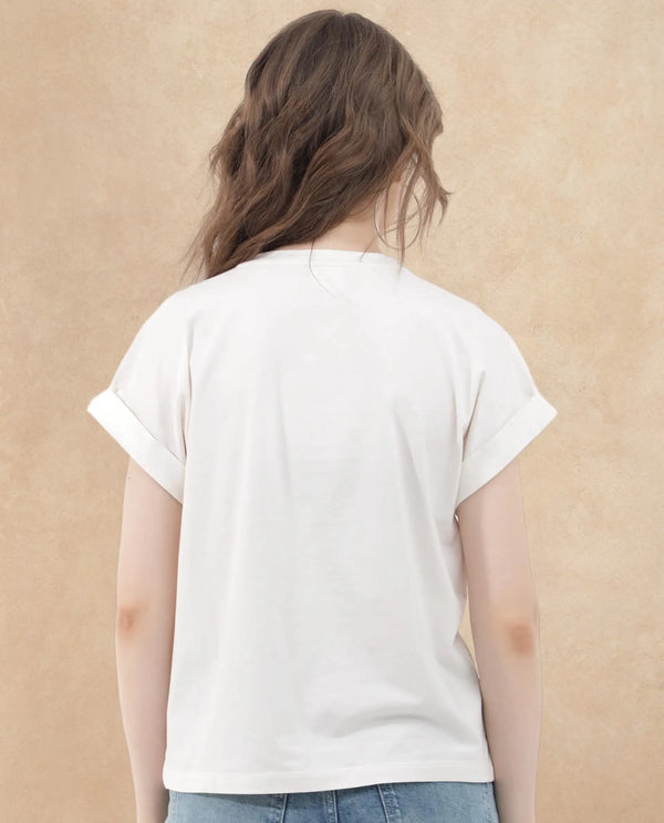 Rareism Women Bocato Off White Cotton Elastane Fabric Crew Neck Knit Solid T-Shirt