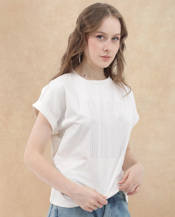 Rareism Women Bocato Off White Cotton Elastane Fabric Crew Neck Knit Solid T-Shirt