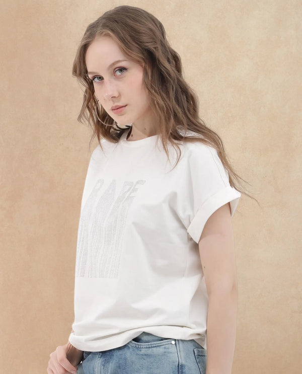 Rareism Women Bocato Off White Cotton Elastane Fabric Crew Neck Knit Solid T-Shirt
