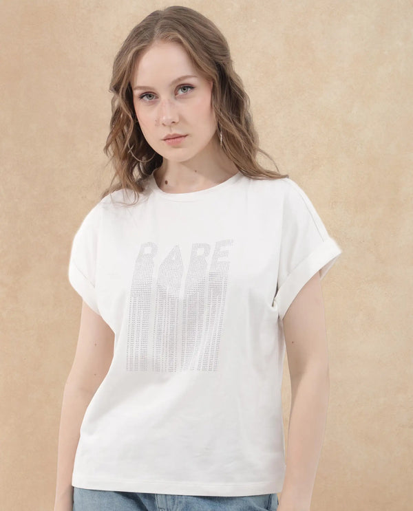 Rareism Women Bocato Off White Cotton Elastane Fabric Crew Neck Knit Solid T-Shirt