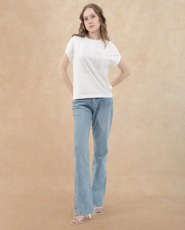 Rareism Women Bocato Off White Cotton Elastane Fabric Crew Neck Knit Solid T-Shirt