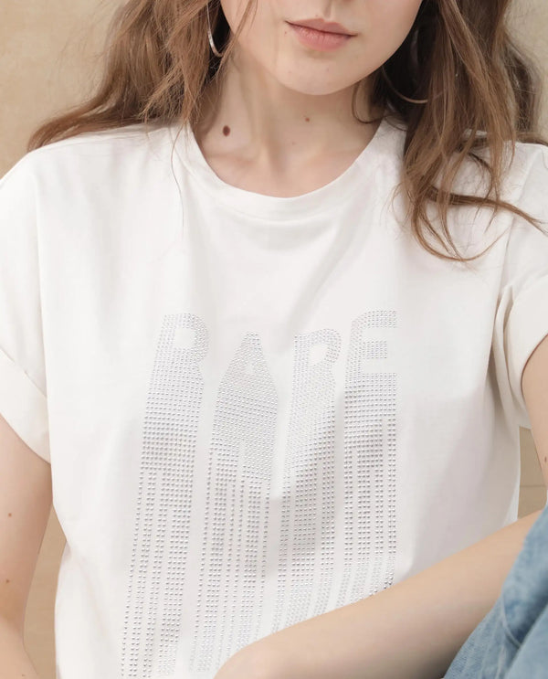 Rareism Women Bocato Off White Cotton Elastane Fabric Crew Neck Knit Solid T-Shirt