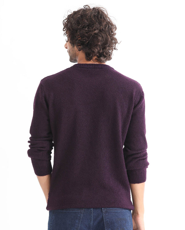 Rare Rabbit Mens Bocle Purple Sweater Acrylic Polyester Fabric Crew Neck Knitted Full Sleeves Comfortable Fit