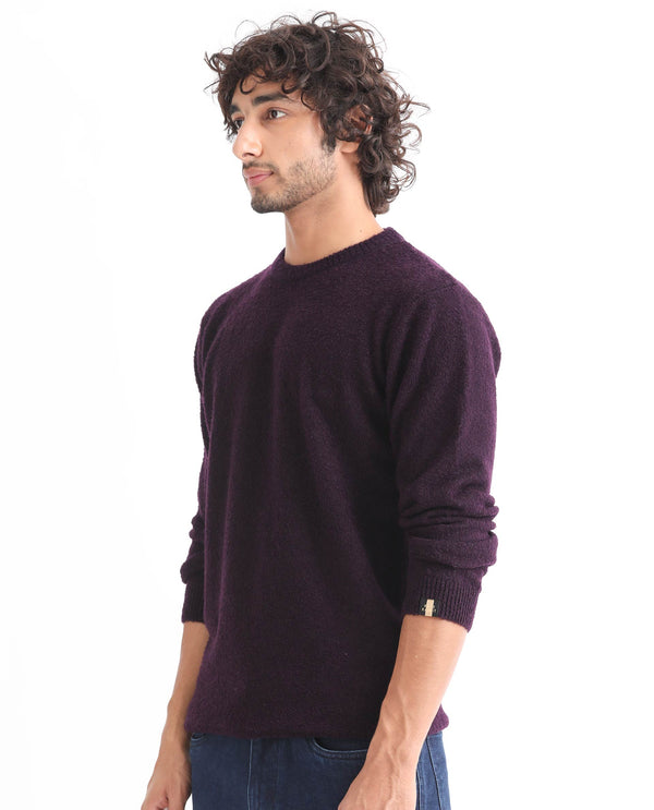 Rare Rabbit Mens Bocle Purple Sweater Acrylic Polyester Fabric Crew Neck Knitted Full Sleeves Comfortable Fit