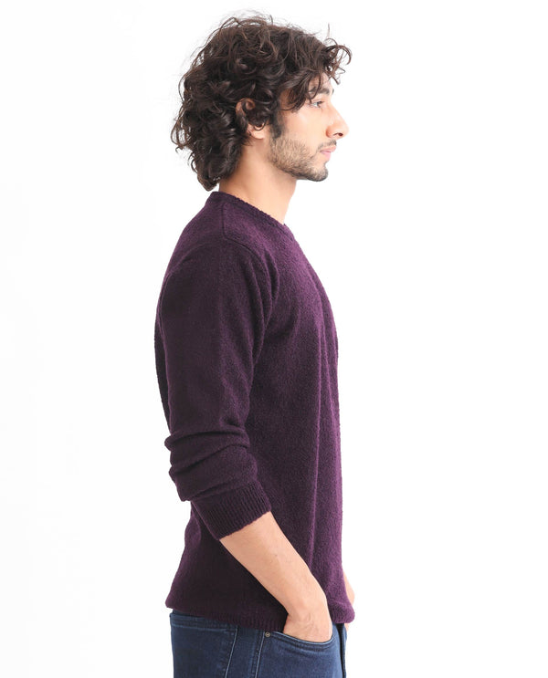 Rare Rabbit Mens Bocle Purple Sweater Acrylic Polyester Fabric Crew Neck Knitted Full Sleeves Comfortable Fit