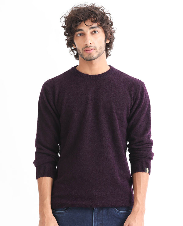 Rare Rabbit Mens Bocle Purple Sweater Acrylic Polyester Fabric Crew Neck Knitted Full Sleeves Comfortable Fit