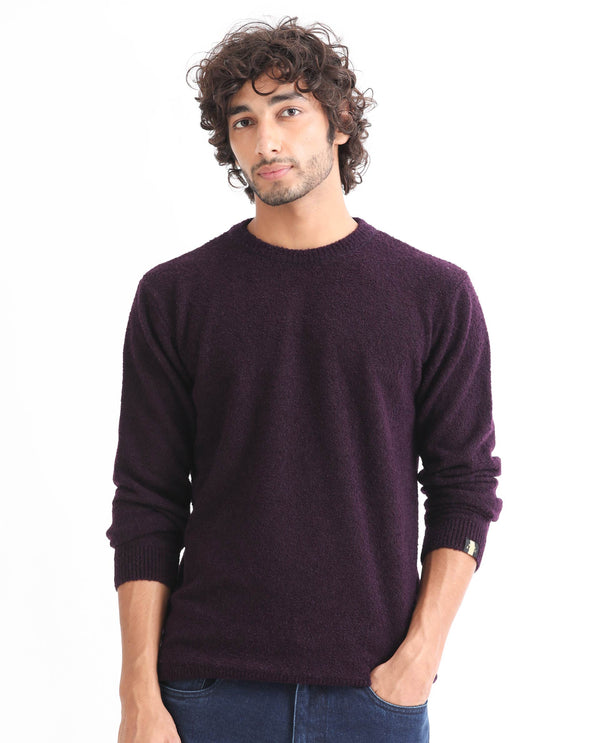 Rare Rabbit Mens Bocle Purple Sweater Acrylic Polyester Fabric Crew Neck Knitted Full Sleeves Comfortable Fit