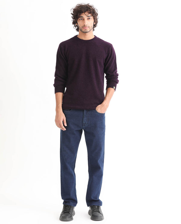 Rare Rabbit Mens Bocle Purple Sweater Acrylic Polyester Fabric Crew Neck Knitted Full Sleeves Comfortable Fit
