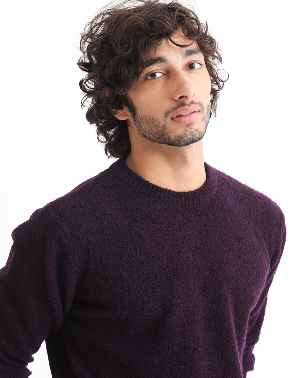 Rare Rabbit Mens Bocle Purple Sweater Acrylic Polyester Fabric Crew Neck Knitted Full Sleeves Comfortable Fit