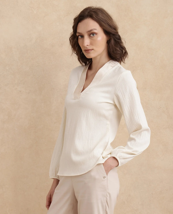 Rareism Women Boco Beige Full Sleeve V-Neck Regular Fit Plain Top