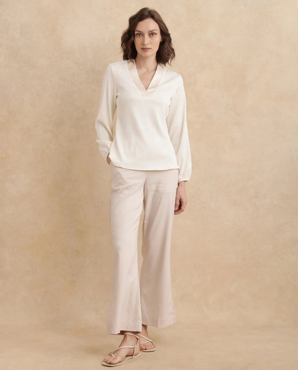 Rareism Women Boco Beige Full Sleeve V-Neck Regular Fit Plain Top