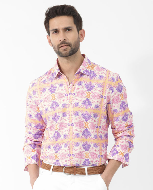 Rare Rabbit Mens Bodem Pink Full Sleeve Spread Collar Decorative Print Shirt