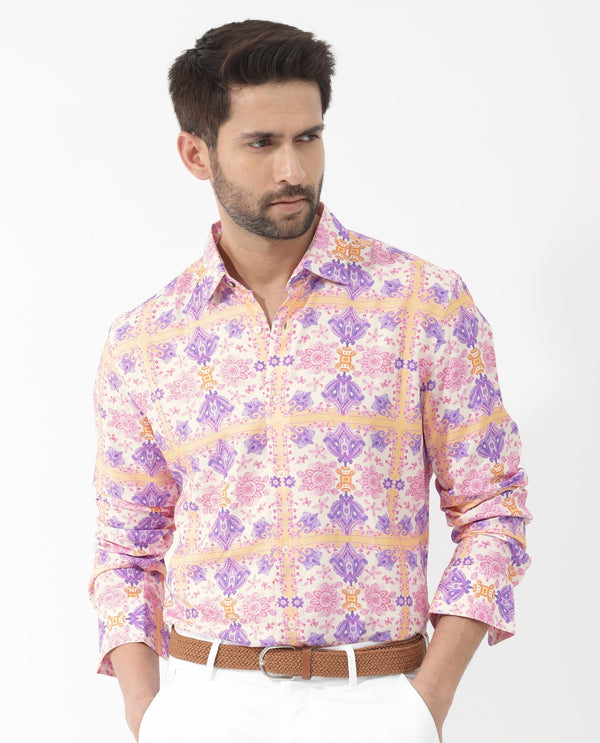 Rare Rabbit Mens Bodem Pink Full Sleeve Spread Collar Decorative Print Shirt