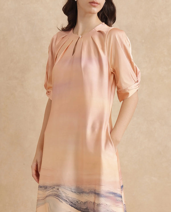 Rareism Women Bogaz Pastel Multi Balloon Sleeve Round Neck Hook Closure Asymmetric Midi Abstract Print Dress