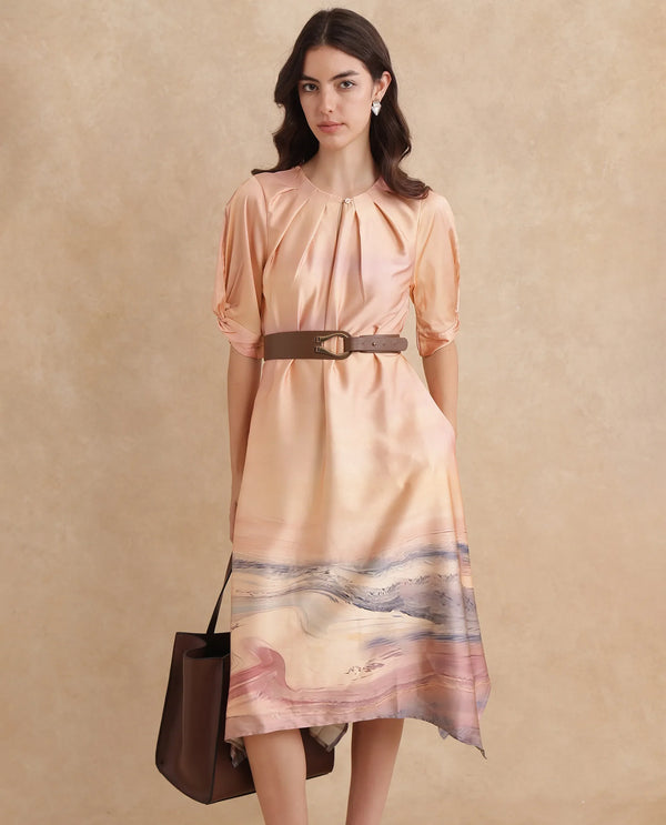 Rareism Women Bogaz Pastel Multi Balloon Sleeve Round Neck Hook Closure Asymmetric Midi Abstract Print Dress