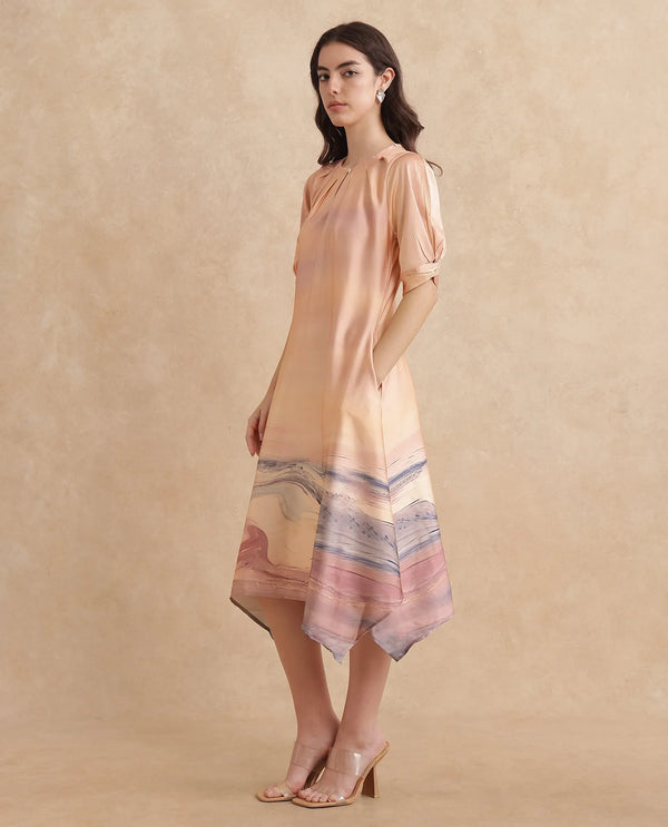 Rareism Women Bogaz Pastel Multi Balloon Sleeve Round Neck Hook Closure Asymmetric Midi Abstract Print Dress