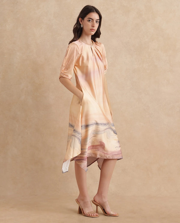 Rareism Women Bogaz Pastel Multi Balloon Sleeve Round Neck Hook Closure Asymmetric Midi Abstract Print Dress
