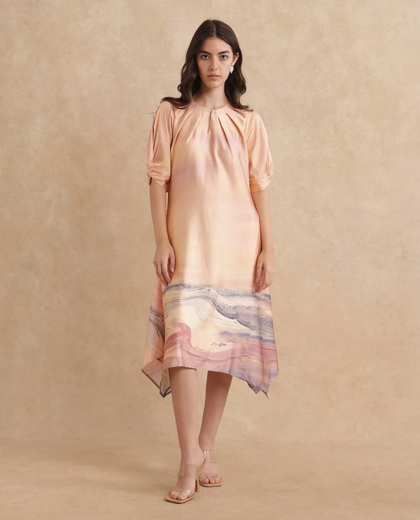 Rareism Women Bogaz Pastel Multi Balloon Sleeve Round Neck Hook Closure Asymmetric Midi Abstract Print Dress