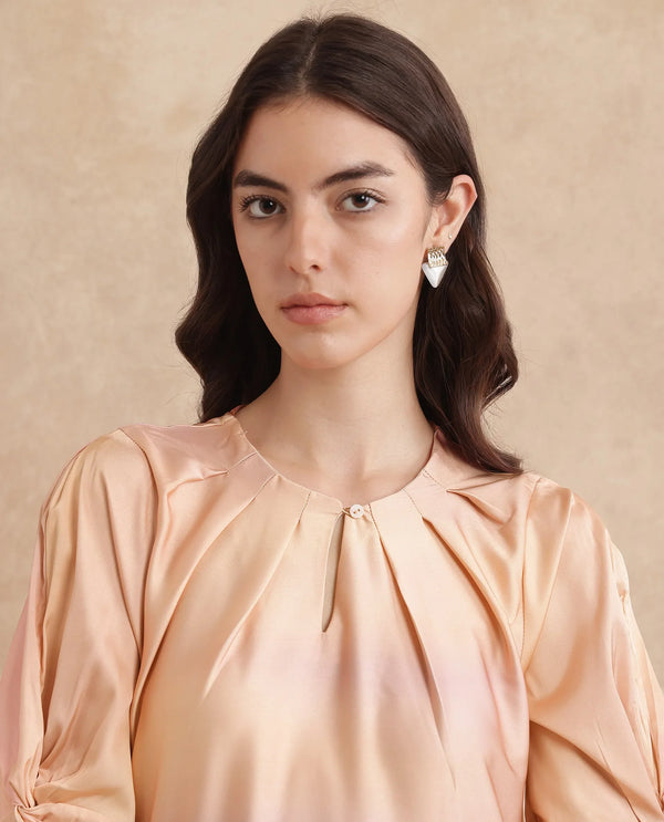 Rareism Women Bogaz Pastel Multi Balloon Sleeve Round Neck Hook Closure Asymmetric Midi Abstract Print Dress