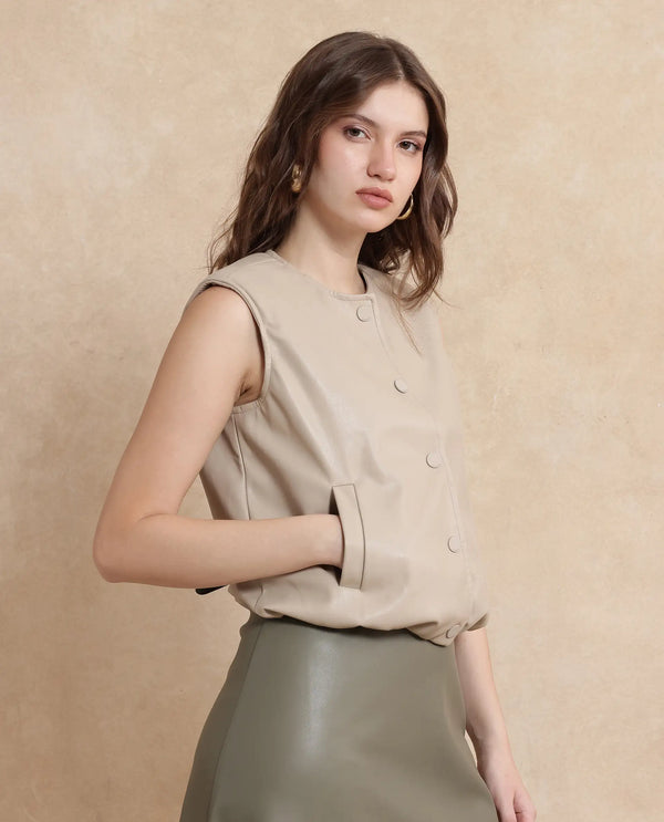 Rareism Women Bojur Light Brown Polyester Fabric Short Sleeve Plain Jacket