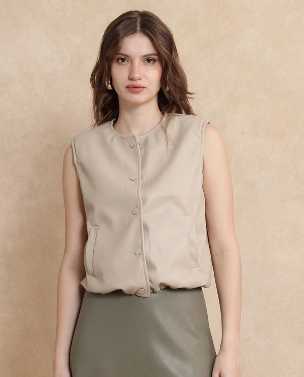 Rareism Women Bojur Light Brown Polyester Fabric Short Sleeve Plain Jacket