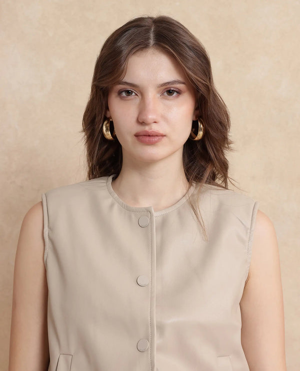 Rareism Women Bojur Light Brown Polyester Fabric Short Sleeve Plain Jacket