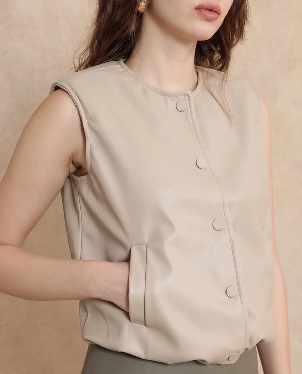 Rareism Women Bojur Light Brown Polyester Fabric Short Sleeve Plain Jacket