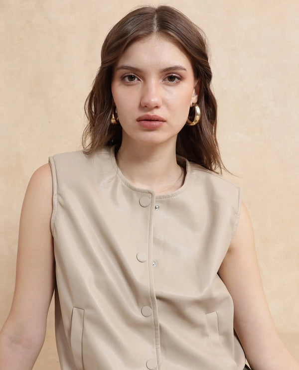 Rareism Women Bojur Light Brown Polyester Fabric Short Sleeve Plain Jacket